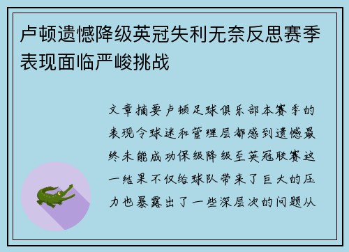 卢顿遗憾降级英冠失利无奈反思赛季表现面临严峻挑战